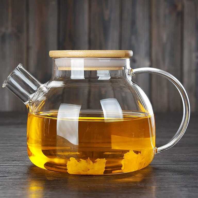 Cajnik qelqi me kapak bamboo dhe filter