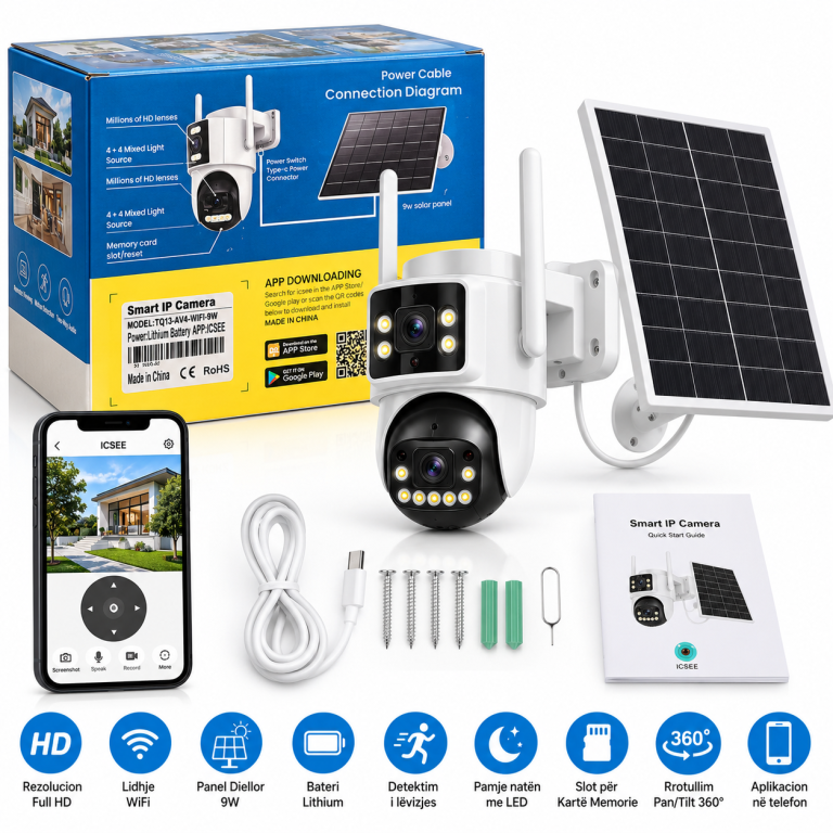 Kamera Sigurie Solar WiFi me 2 Lente Rrotullim 360° dhe Panel Diellor 9W